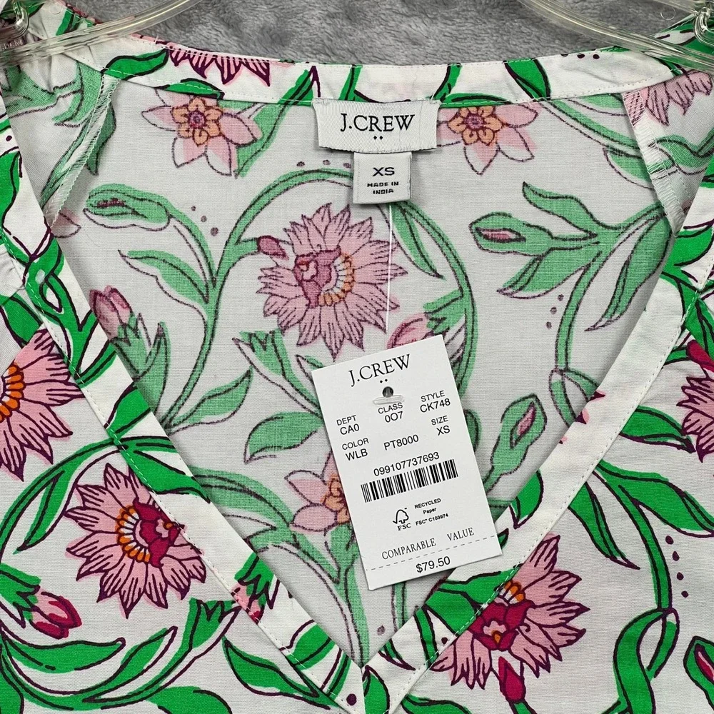 J.Crew Floral V-Neck Blouse Women XS White Pink Green Puff Sleeve CK748 NEW